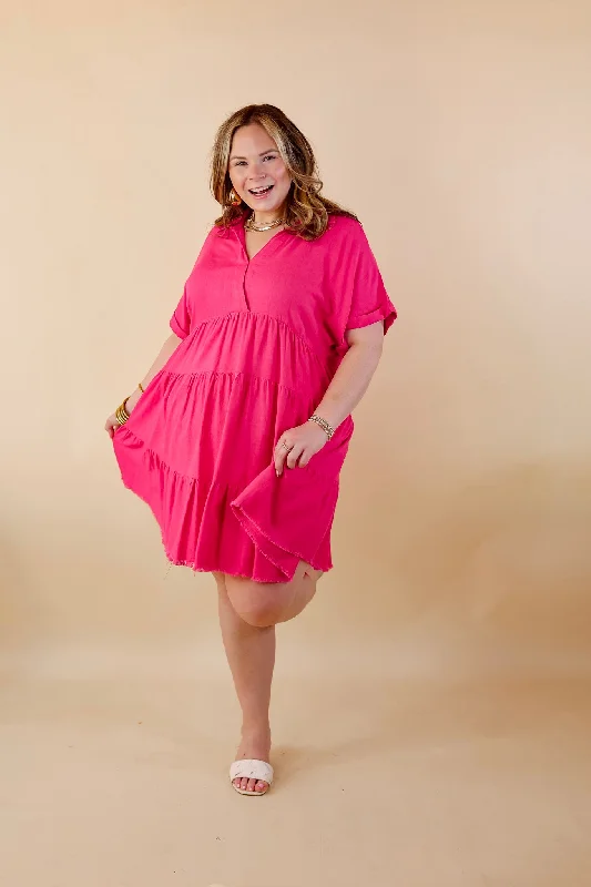 Taos Transitions Ruffle Tiered Collared Dress with Frayed Hem in Hot Pink