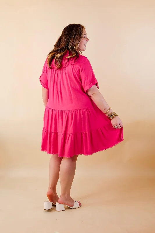 Taos Transitions Ruffle Tiered Collared Dress with Frayed Hem in Hot Pink