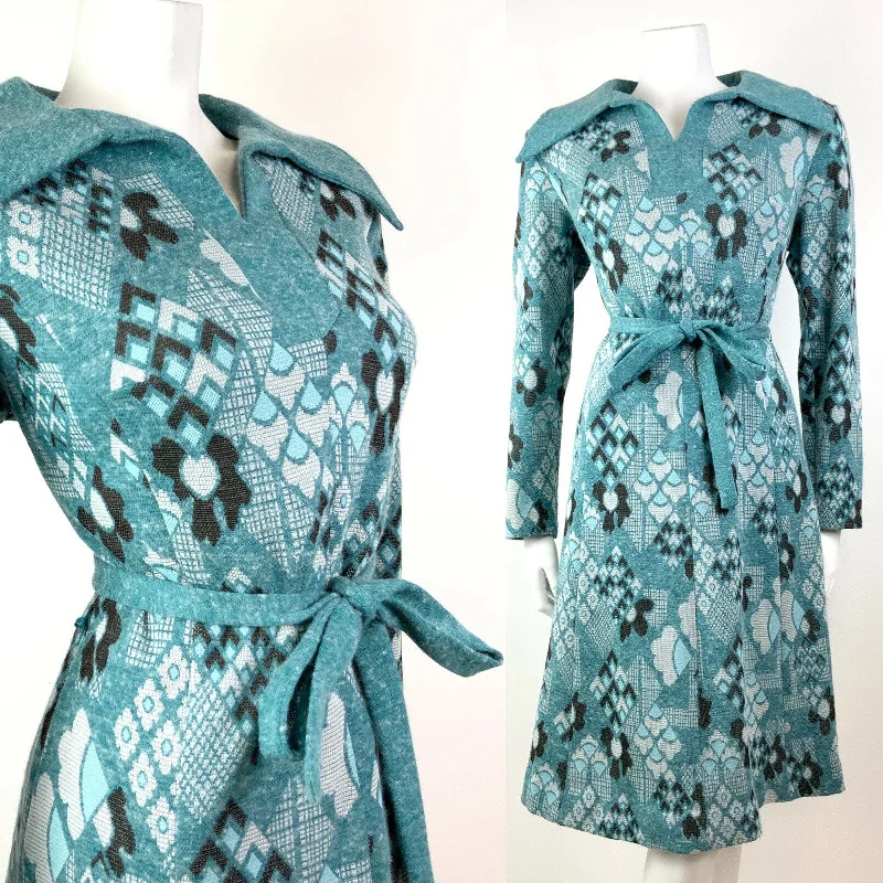 VINTAGE 60s 70s BLUE BLACK WHITE DAISY GEOMETRIC PSYCHEDELIC DAGGER DRESS 14 16