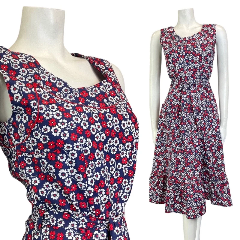 VINTAGE 60s 70s BLUE RED WHITE DAISY FLOWER SLEEVELESS SWING SUMMER DRESS 8