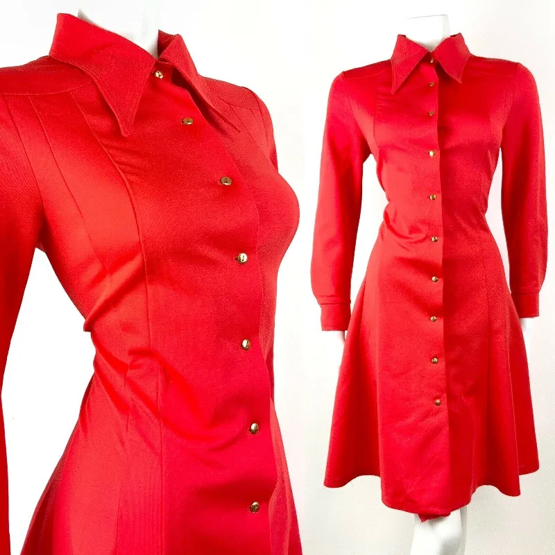 VINTAGE 60s 70s PILLARBOX RED GOLD MOD DAGGER COLLAR SHIRT DRESS 8 10