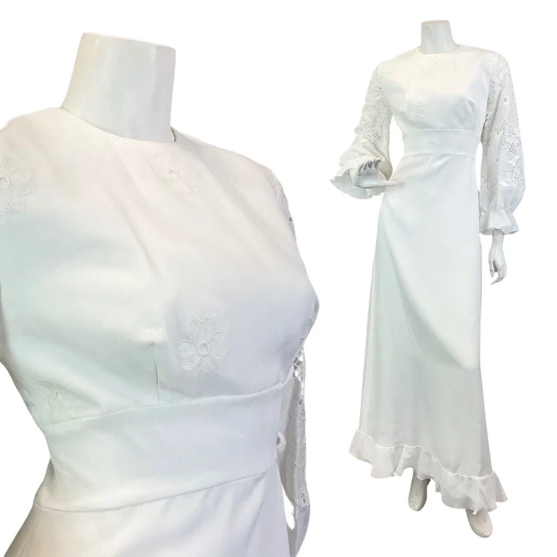 VINTAGE 60s 70s WHITE FLORAL ANGLAISE EMBROIDERED WEDDING BOHO MAXI DRESS 10