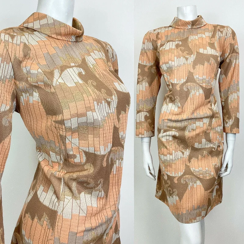 VTG 60s 70s ORANGE BROWN GOLD PSYCHEDELIC SWIRL STRIPED TURTLENECK DRESS 12 14