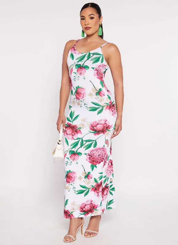 Floral Print Sleeveless V Neck Maxi Dress