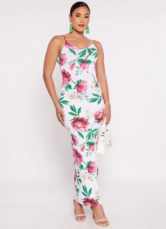 Floral Print Sleeveless V Neck Maxi Dress