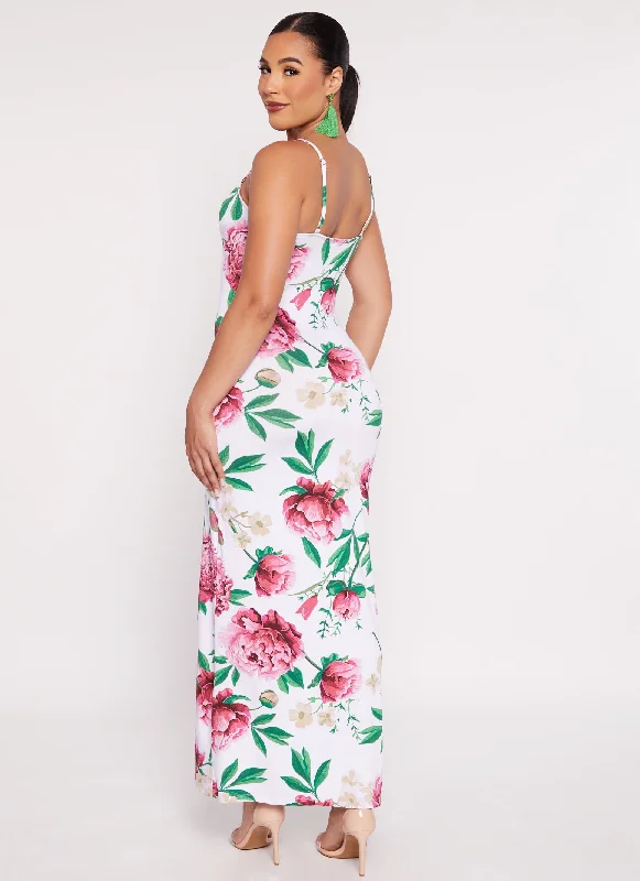 Floral Print Sleeveless V Neck Maxi Dress