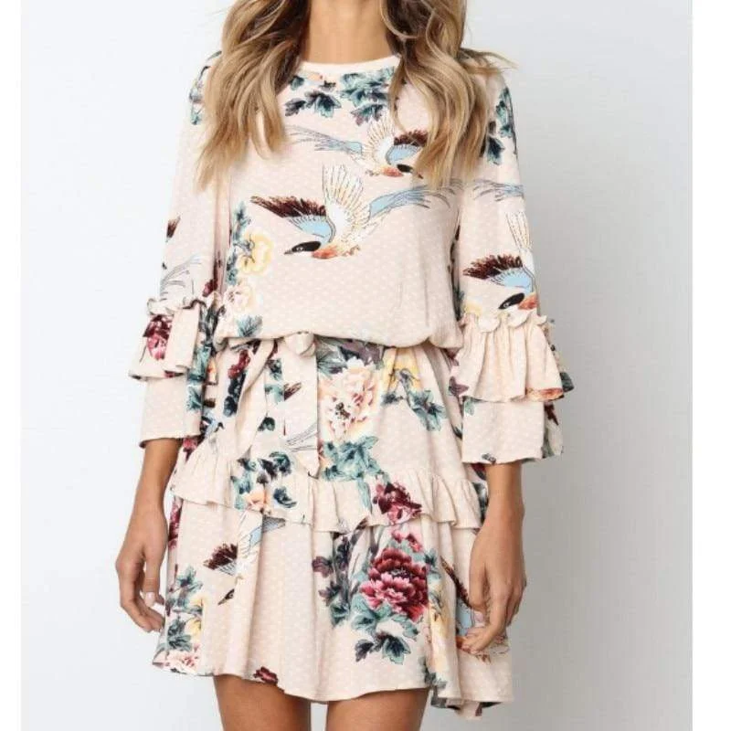 FashionSierra - Women Autumn Spring Elegant Vintage Floral Ruffles Mini Dress Chsinese Printed Casual Dress