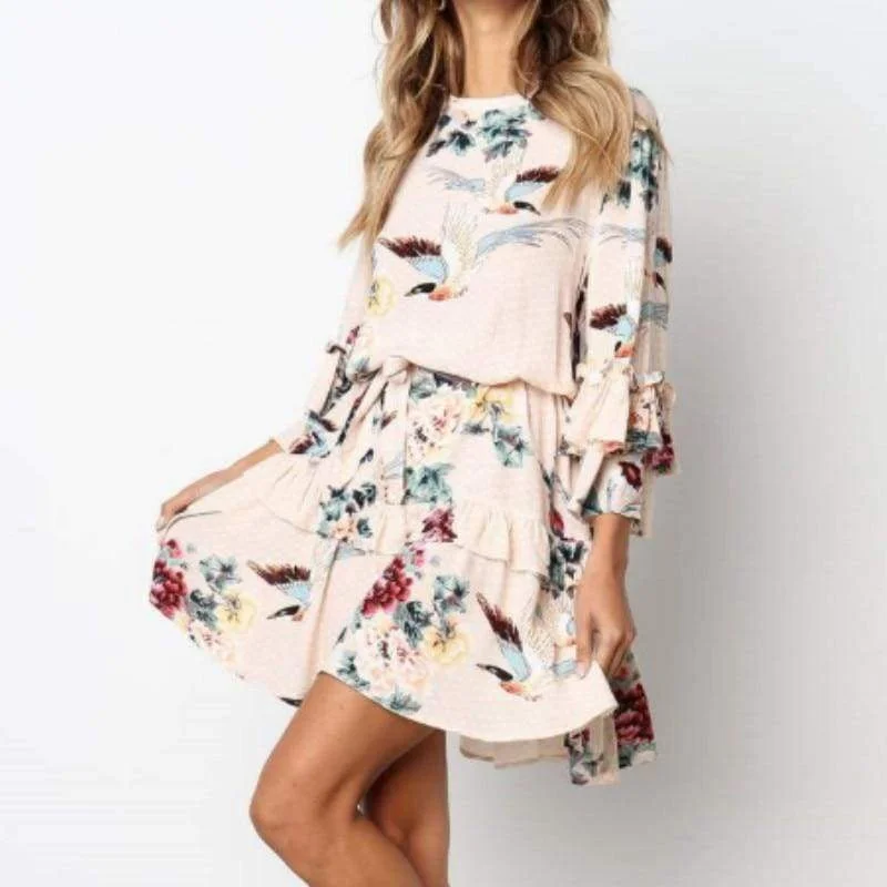 FashionSierra - Women Autumn Spring Elegant Vintage Floral Ruffles Mini Dress Chsinese Printed Casual Dress