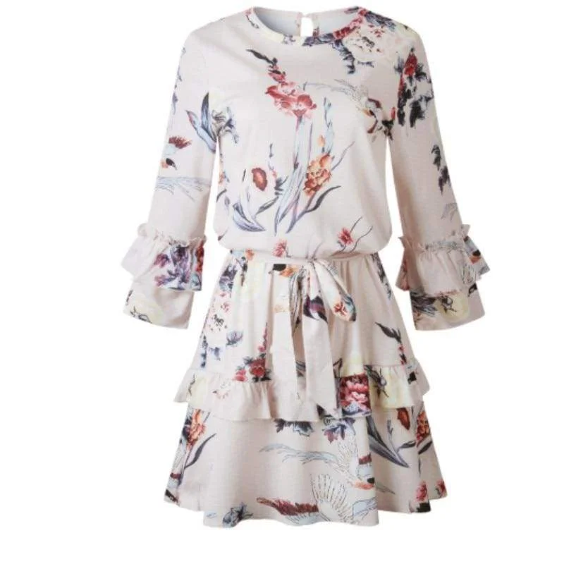 FashionSierra - Women Autumn Spring Elegant Vintage Floral Ruffles Mini Dress Chsinese Printed Casual Dress