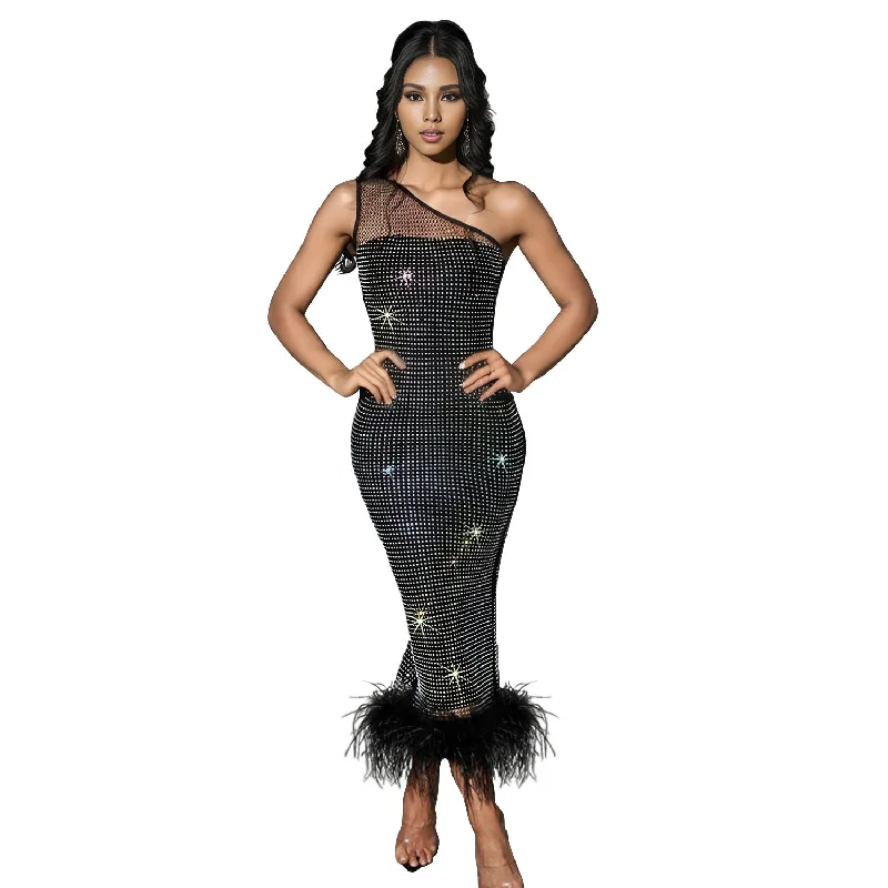 Women's Single Shoulder Mesh Rhinestone Feather Bandage Dresses