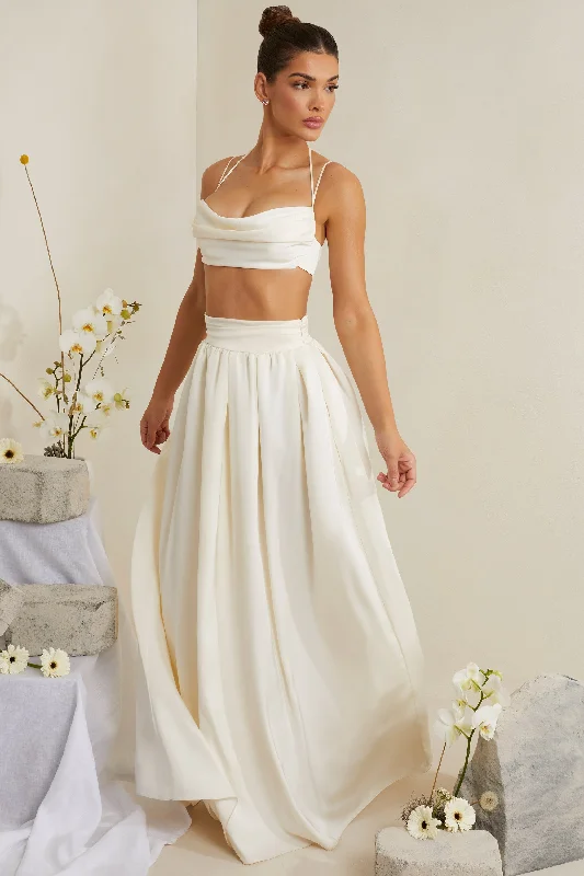 Pleated Heavy Satin Maxi Skirt in White