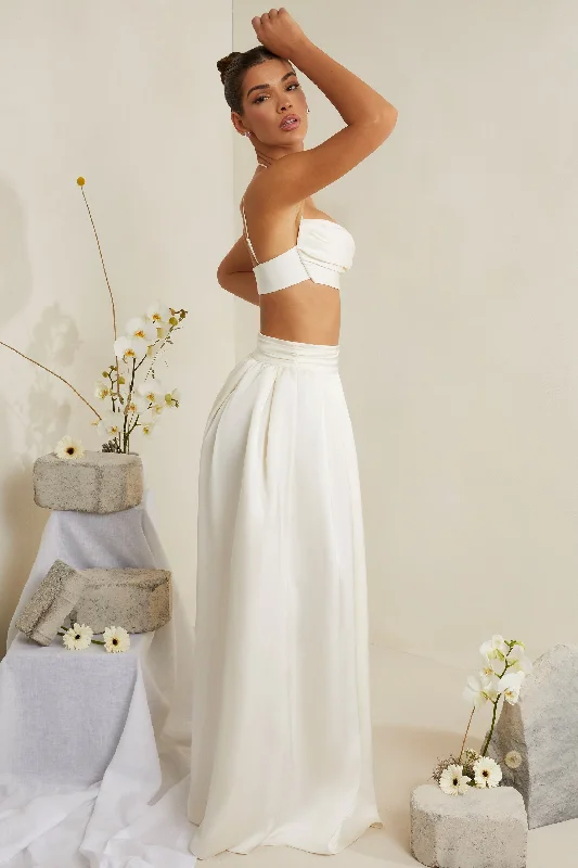 Pleated Heavy Satin Maxi Skirt in White