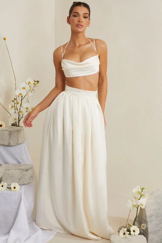 Pleated Heavy Satin Maxi Skirt in White