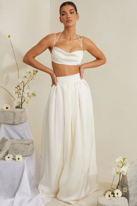 Pleated Heavy Satin Maxi Skirt in White