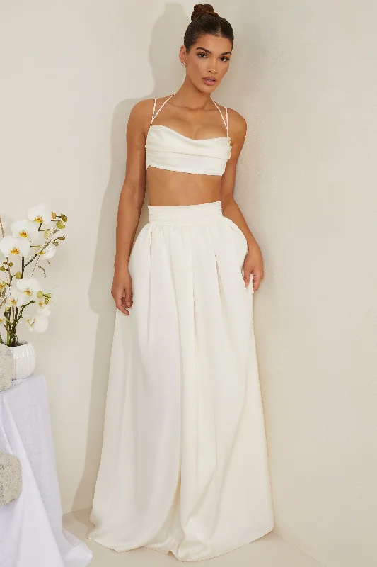 Pleated Heavy Satin Maxi Skirt in White