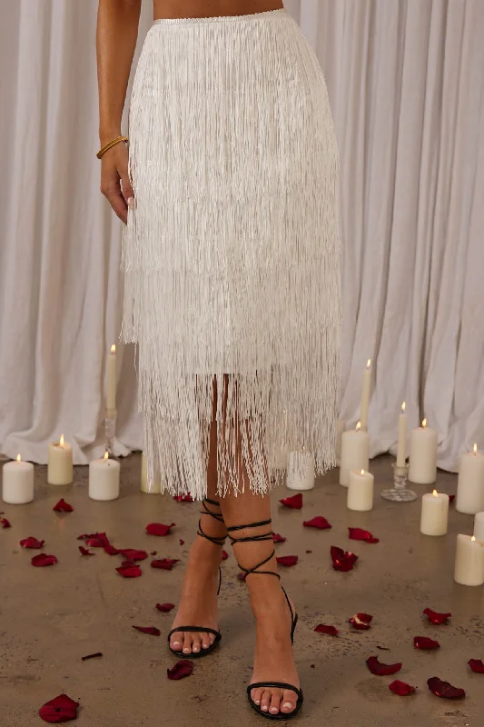 Golden Nights Tiered Fringe Midi Skirt White