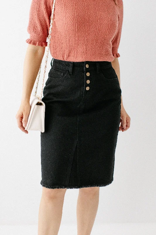 'Haven' Knee Length Denim Skirt in Black