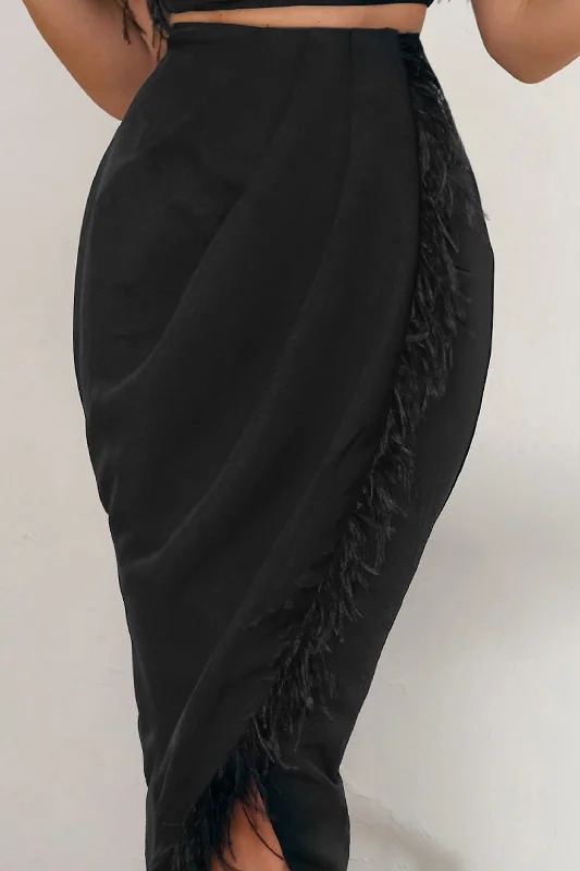 Margarita | Black High Waist Wrap Front Midi Skirt With Feather Trim