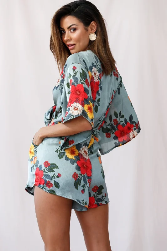 Rivera Tie-Knot Bell Sleeve Romper Sage