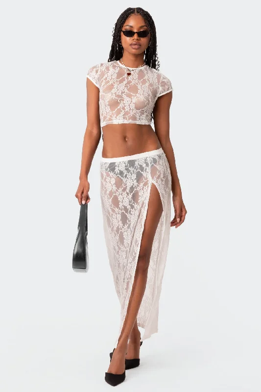 Aura Low Rise Sheer Lace Maxi Skirt