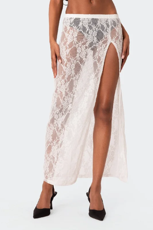 Aura Low Rise Sheer Lace Maxi Skirt