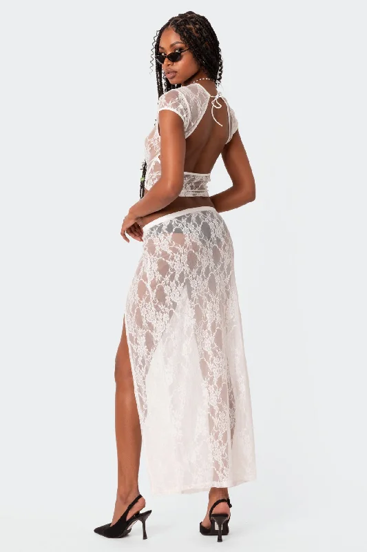 Aura Low Rise Sheer Lace Maxi Skirt