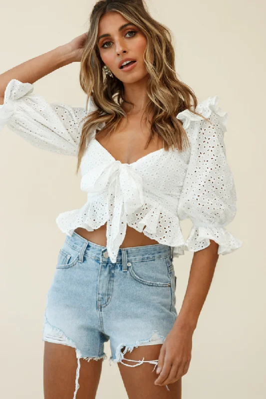 Say That Again Puff Sleeve Broderie Anglaise Crop Top White