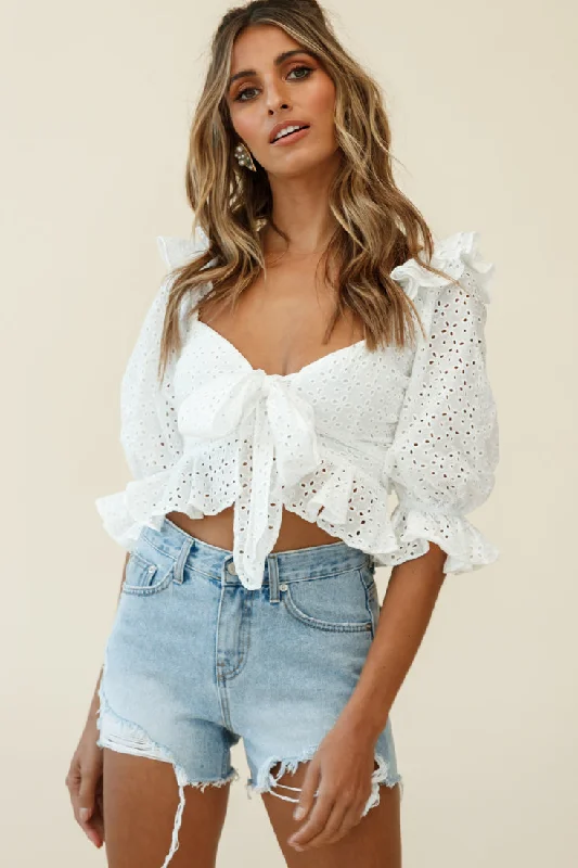 Say That Again Puff Sleeve Broderie Anglaise Crop Top White