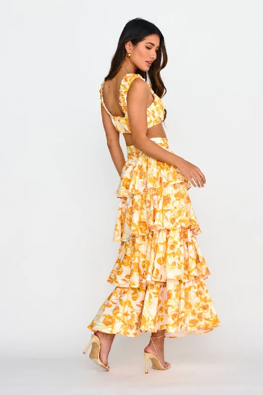 Suenito Tiered Frill Maxi Skirt Floral Orange