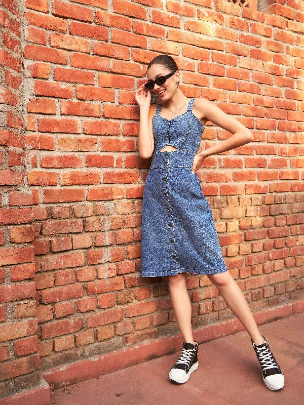 Women Blue Denim Wash Strappy Dress