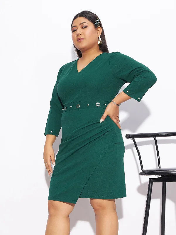 Women Emerald Green Eyelet Detail Bodycon Dress