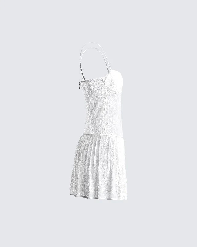 Zera White Lace Pleated Mini Dress