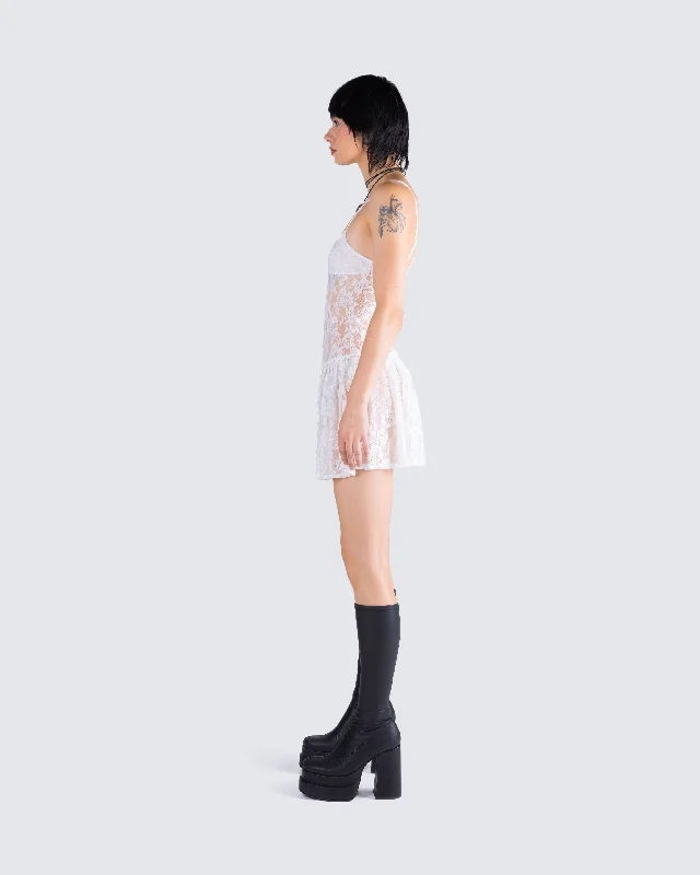 Zera White Lace Pleated Mini Dress