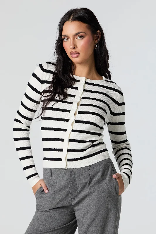 Striped Ribbed Knit Button-Up Sweater