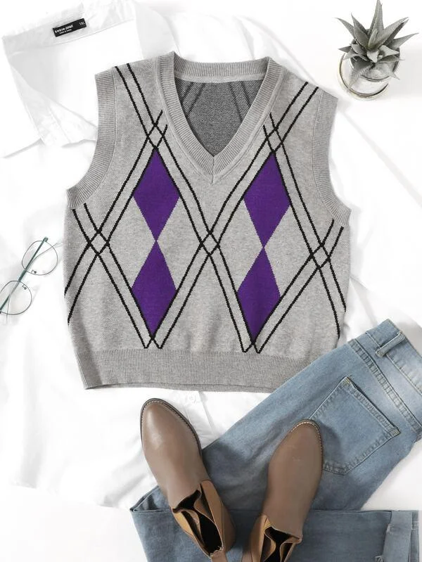 Argyle Knit Sweater Vest for Women