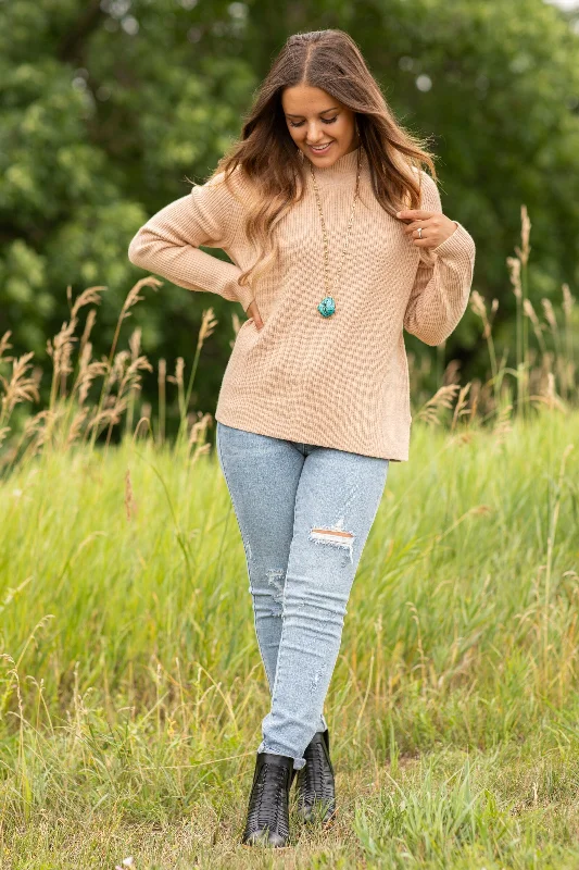 Beige Ribbed Mock Neck Sweater