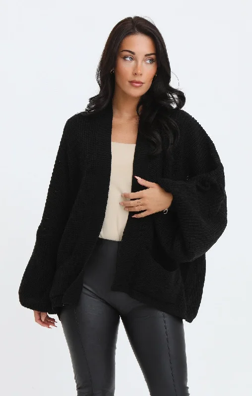 Black Cropped Length Rib Knitted Balloon Sleeve Pocket Detail Chunky Knit Cardigan - Sophia