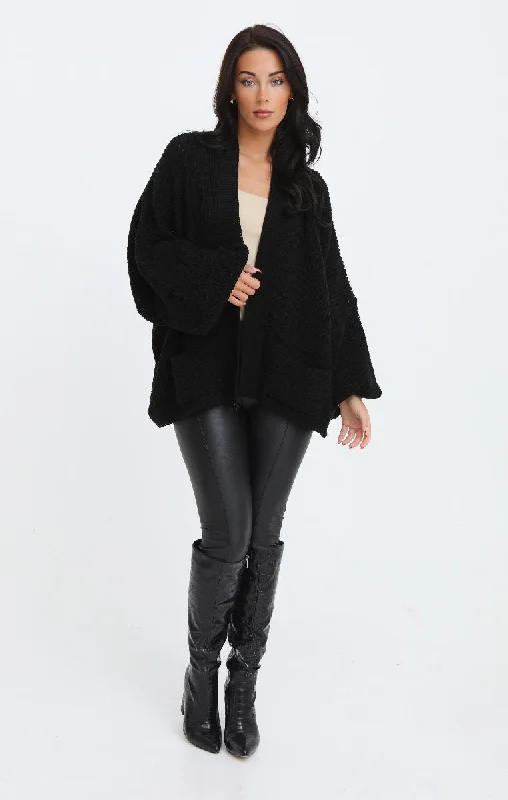 Black Cropped Length Rib Knitted Balloon Sleeve Pocket Detail Chunky Knit Cardigan - Sophia