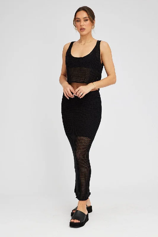 Black Knit Skirt Midi Crochet