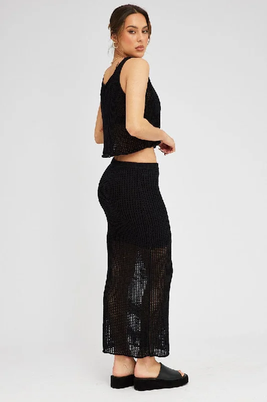 Black Knit Skirt Midi Crochet