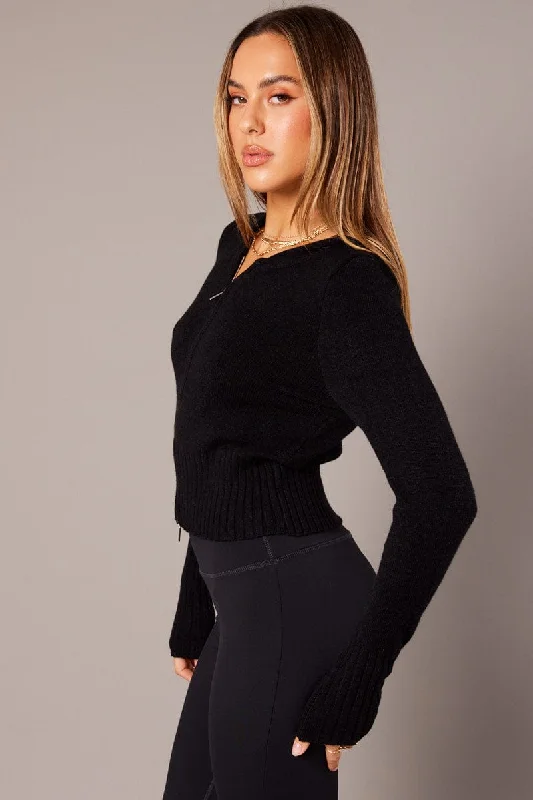 Black Zip Up Cardigan Long Sleeve Hooded