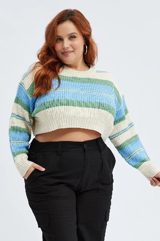 Blue Stripe Knit Jumper Long Sleeve Crop