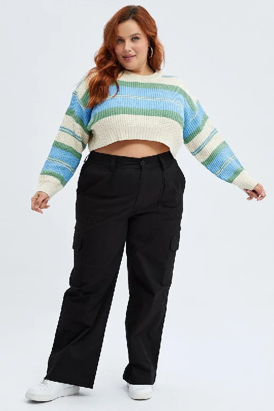 Blue Stripe Knit Jumper Long Sleeve Crop