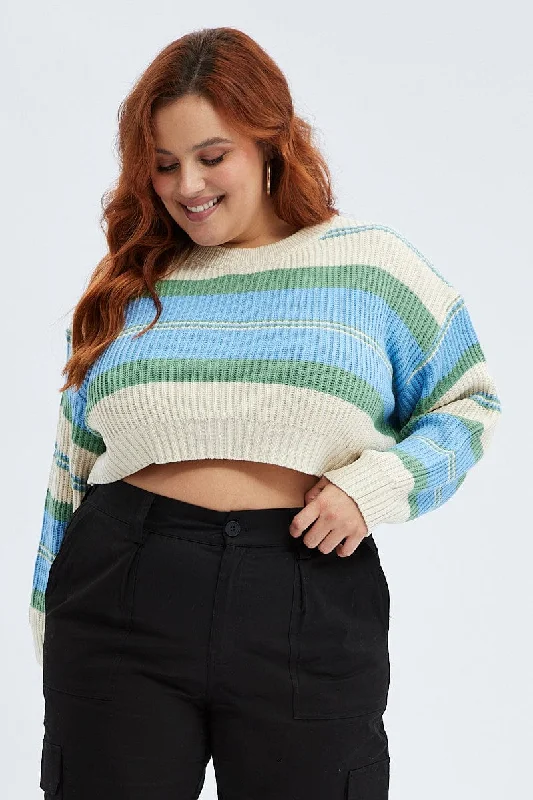 Blue Stripe Knit Jumper Long Sleeve Crop