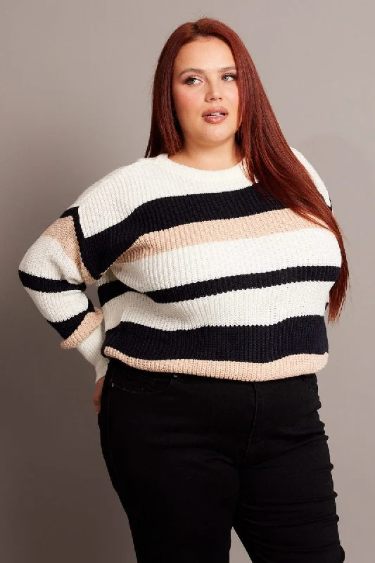 Blue Stripe Knit Jumper Long Sleeve Round Neck