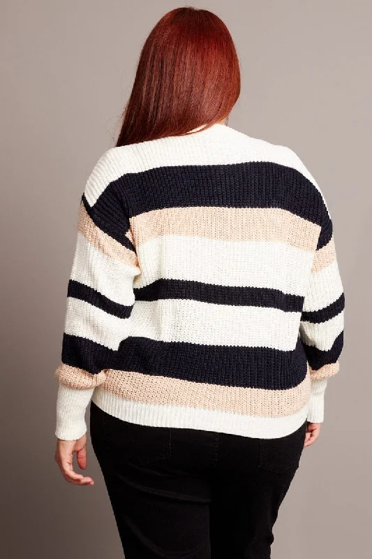 Blue Stripe Knit Jumper Long Sleeve Round Neck