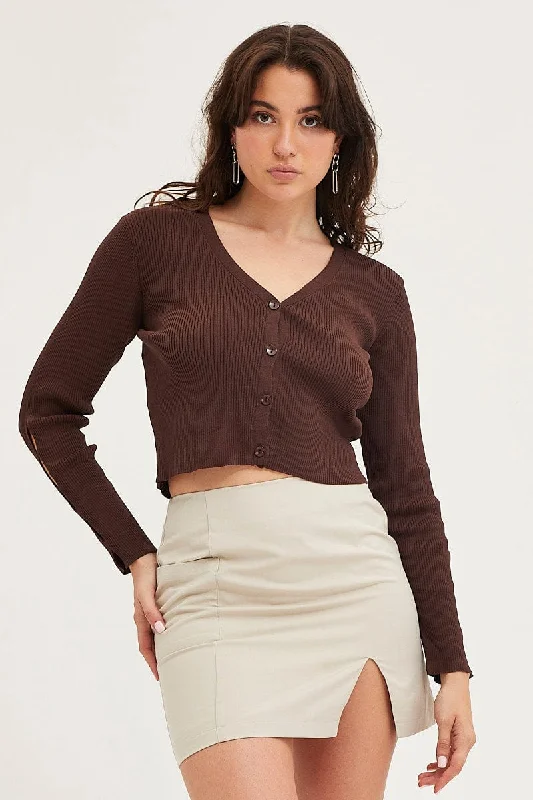 Brown Knit Cardigan Long Sleeve V-Neck Cut Out