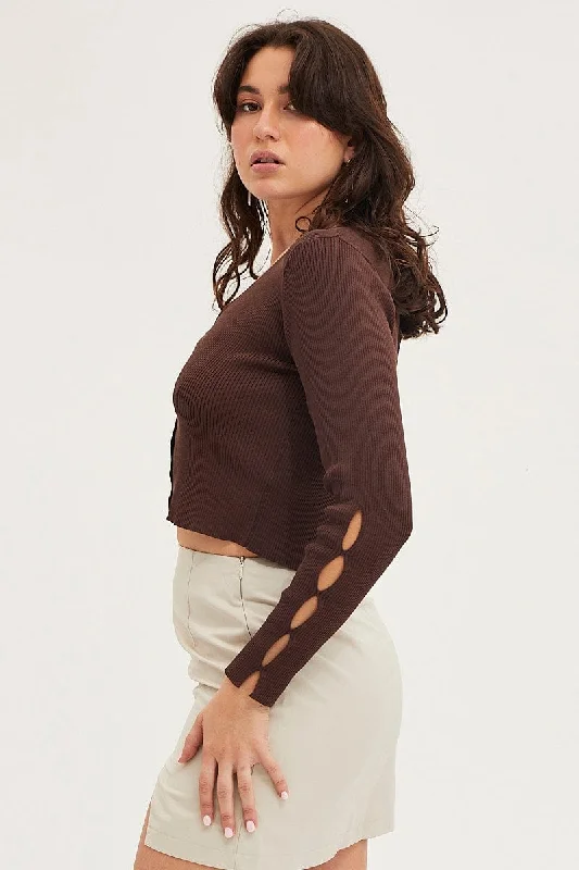 Brown Knit Cardigan Long Sleeve V-Neck Cut Out