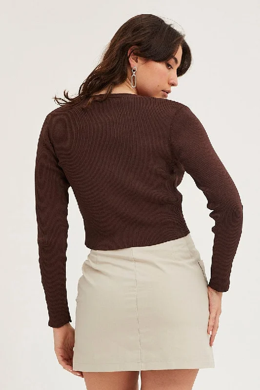 Brown Knit Cardigan Long Sleeve V-Neck Cut Out