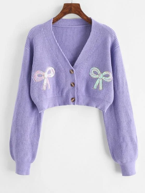 Button Up Bowknot Sequins Cropped Cardigan for Women